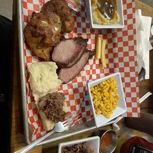 Smoked Chicken  Tri-tip Pit beef  With mashed potatoes and gravy with some Seasoned Corn
