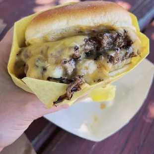 a hand holding a sandwich