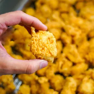 a hand holding a piece of chicken nuggies