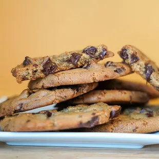 a stack of chocolate chip cookies