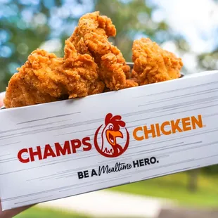 a hand holding a box of fried chicken