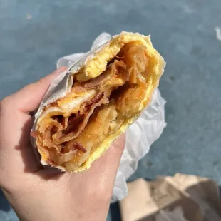 Breakfast burrito with hashbrowns inside