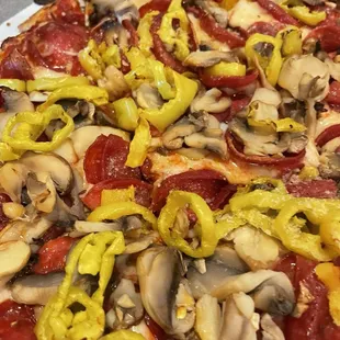 Pepperoni mushrooms and banana peppers