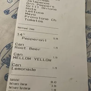 The Champ Pizza receipt