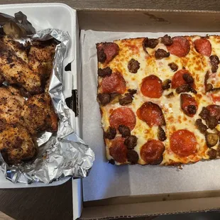 Cajun dry rub wings Small pepperoni, extra cheese, and sausage pan pizza