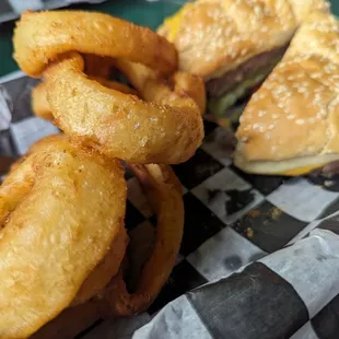Burger with onion rings