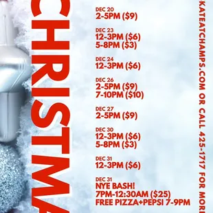 Looking to visit Champ's during the Christmas Break? Here's our full schedule of events.