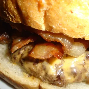 Bacon peanut butter burger, close-up.