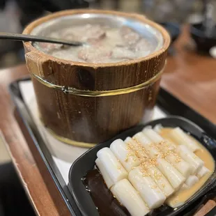 A9+G3. Pork liver congee with mixed sauce rice roll (subbed in since chow mien was out)