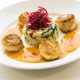 scallops with sauce on a white plate
