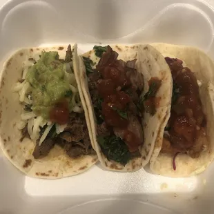 from L to R, steak w/guac, carnitas &amp; shrimp all on soft flour tortilla