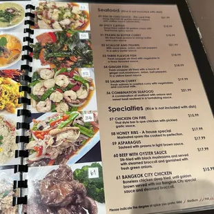 Seafood and specialty menu