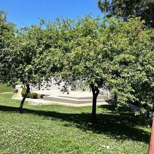 Outside by the cute little amphitheater.