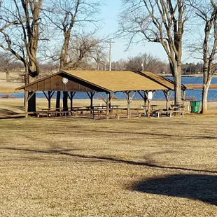 View of pavilion and lake from RV spot.