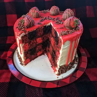 Custom cakes - Buffalo Plaid Checkerboard cake topped with chocolate-covered strawberries