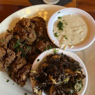 Chicken livers with gravy and Brussel sprouts and balsamic