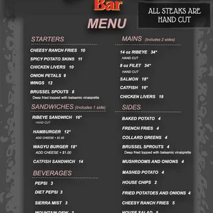 the menu for chandler's bar