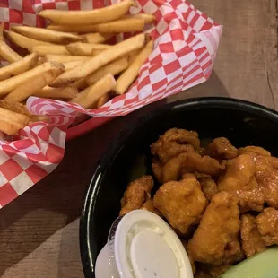 Boneless Chicken Wings and Fries