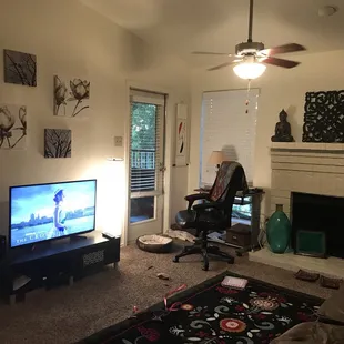 I love my living room! It has a vaulted ceiling, brick fireplace, and a built in shelf.