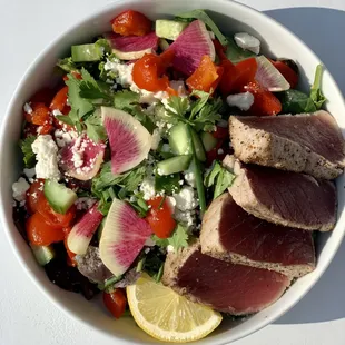 Fields green salad served with seared ahi