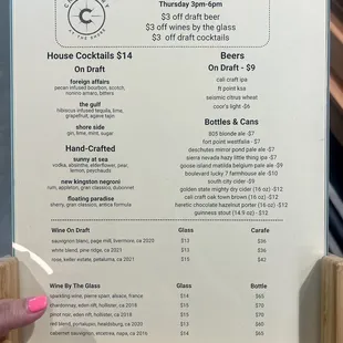 Cocktail Menu. Only available on Thursdays, 3 pm - 6 pm.