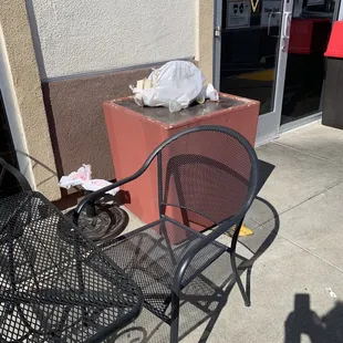 Guests are greeted with overflowing trash cans. Rule #1 in quick serve has been broken.