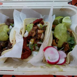 Asada, adobada, and chicken tacos