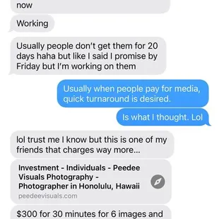 Who are you to dictate the delivery of other photographers? Also comparing with a competitor's cost after initial agreement.