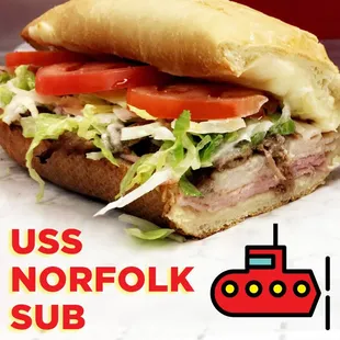 Named for the USS Norfolk, this sub is piled high with Ham, Turkey, Steak, Onions, Green Peppers, Cheese, LTO, Mayo, Oil &amp; Vinegar.