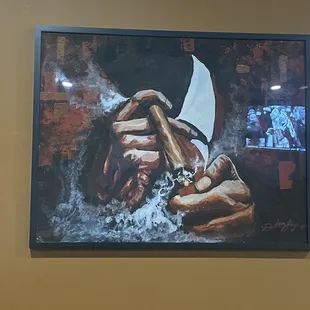 a painting of a man holding a cigar