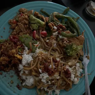 Pork fried rice  Vegetable chow mein  String bean chicken  White rice and lots of hot oil