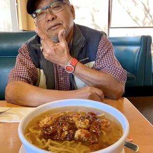 2/6/20 Dads favorite again lol! Beef noodle soup add shrimp, no veggies :)