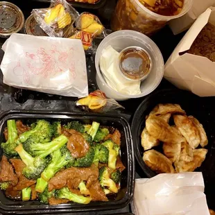 a table full of food items