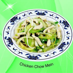 a plate of chicken chow mein