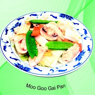 a blue and white plate of food