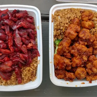 two takeout containers of food on a picnic table