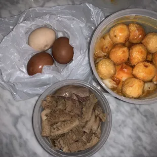 Boiled Tea Eggs, Beef Tripe and Spleen, and Curry Fish Balls Rice Noodles