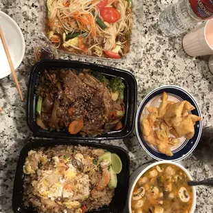 Papaya salad, pad see ew, crab fried rice, crab puff and tom yum