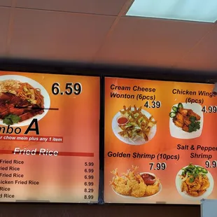Combo A - Says one item plus rice and &apos;&apos;chow mein&apos;&apos; but we got rice and noodles (as it says on take out menu).