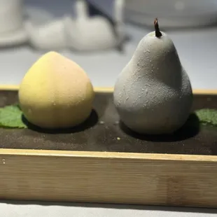 Outside is chocolate, middle is a custard, inside is a fruit mix.