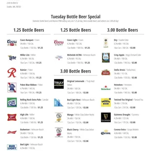 Tuesday $1.25 bottle beer special menu!