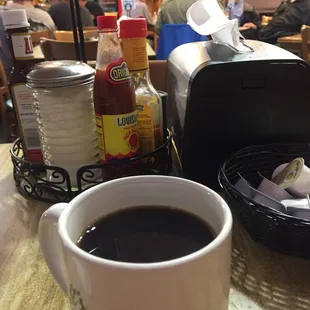 Steaming hot coffee on a busy morning.