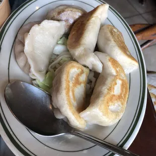 a plate of dumplings and a spoon