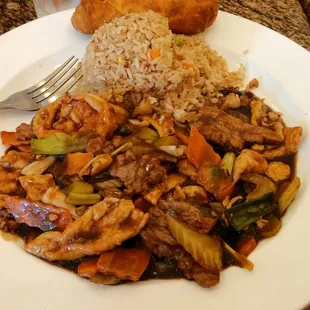 Mongolian style chicken, beef and shrimp lunch