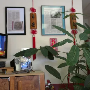 Example of Chang&apos;s decor on interior wall near garbage/TV