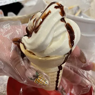 Vanilla Ice Cream with Chocolate Sauce in a cone, yes!