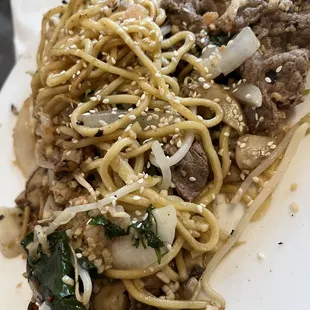 a plate of noodles and meat