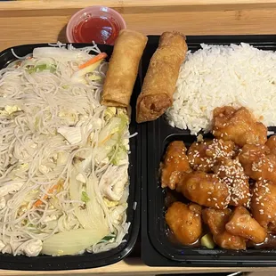 Chicken MeiFun: onion, green onion, bean sprout, celery &amp; carrot Dinner Sesame Chicken meal