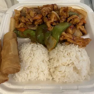 Lunch special Garlic Chicken w/ double spring roll instead of soup