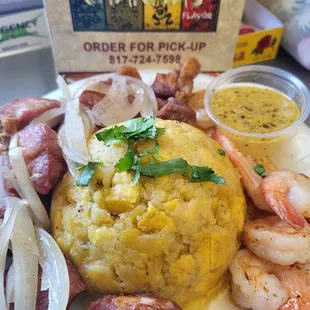 Mofongo Mar y Tierra: Camarones al Ajillo y Carne Frita / Garlic Shrimp &amp;, Fried Pork